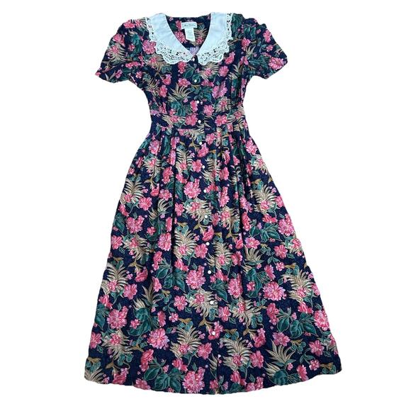 Miss Dorby Women’s 14 Dress Blue Floral Pearl Button Maxi Modest Lace Collar VTG - Picture 1 of 6